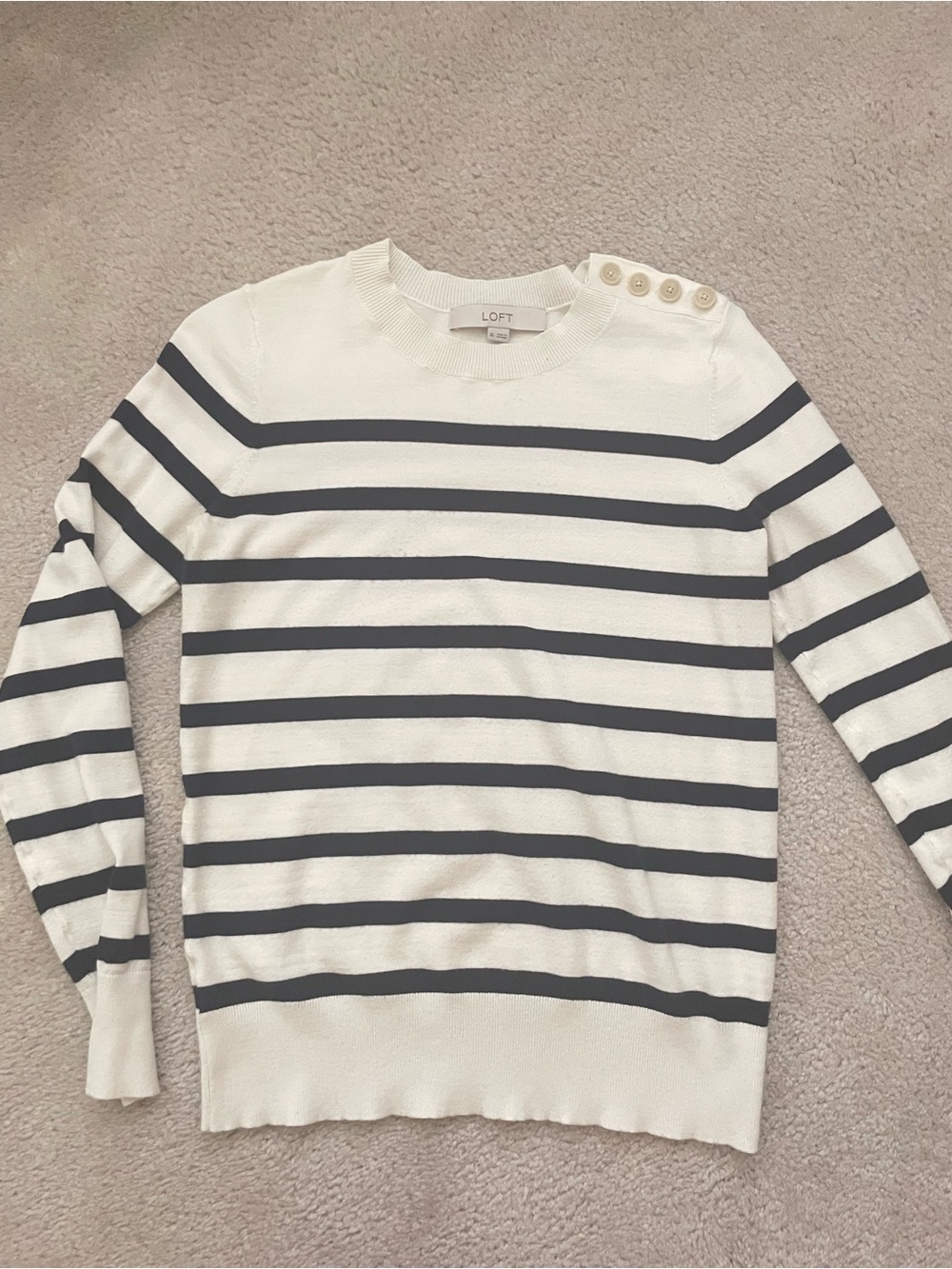 LOFT Cream & Navy Striped Crewneck Sweater with Shoulder Buttons Classic Womens